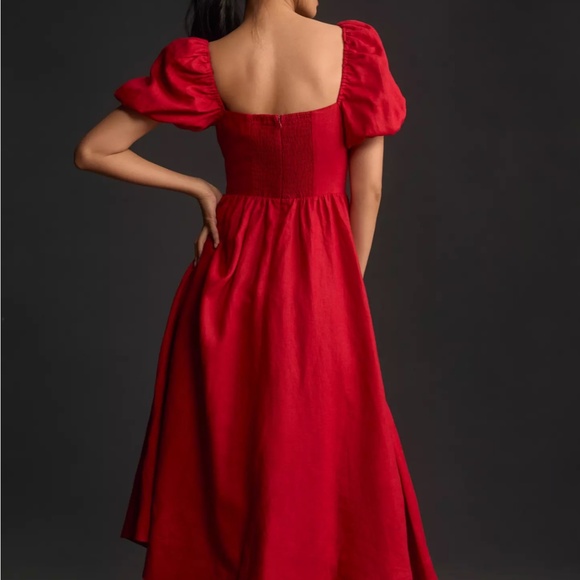 NWOT REFORMATION Marella Linen puff sleeves midi Red Dress - Picture 8 of 8